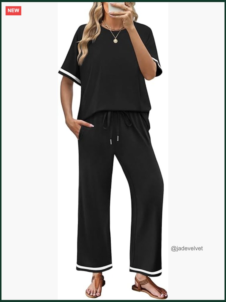2 Piece Lounge Set Short Sleeve Vacation Outfits With Pockets